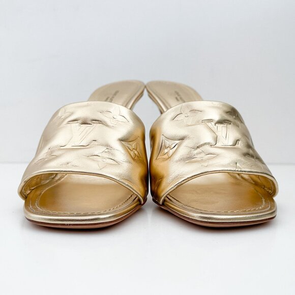 Louis Vuitton Revival Mule Monogram Gold Metalic Heel Padded Heels Sandals - Picture 2 of 14